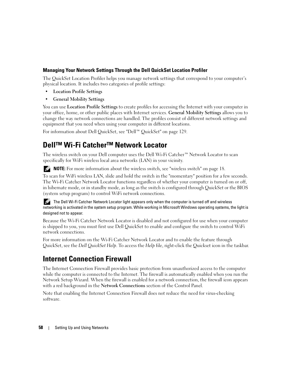 Dell™ wi-fi catcher™ network locator, Internet connection firewall | Dell Precision M4300 (Mid 2007) User Manual | Page 60 / 160