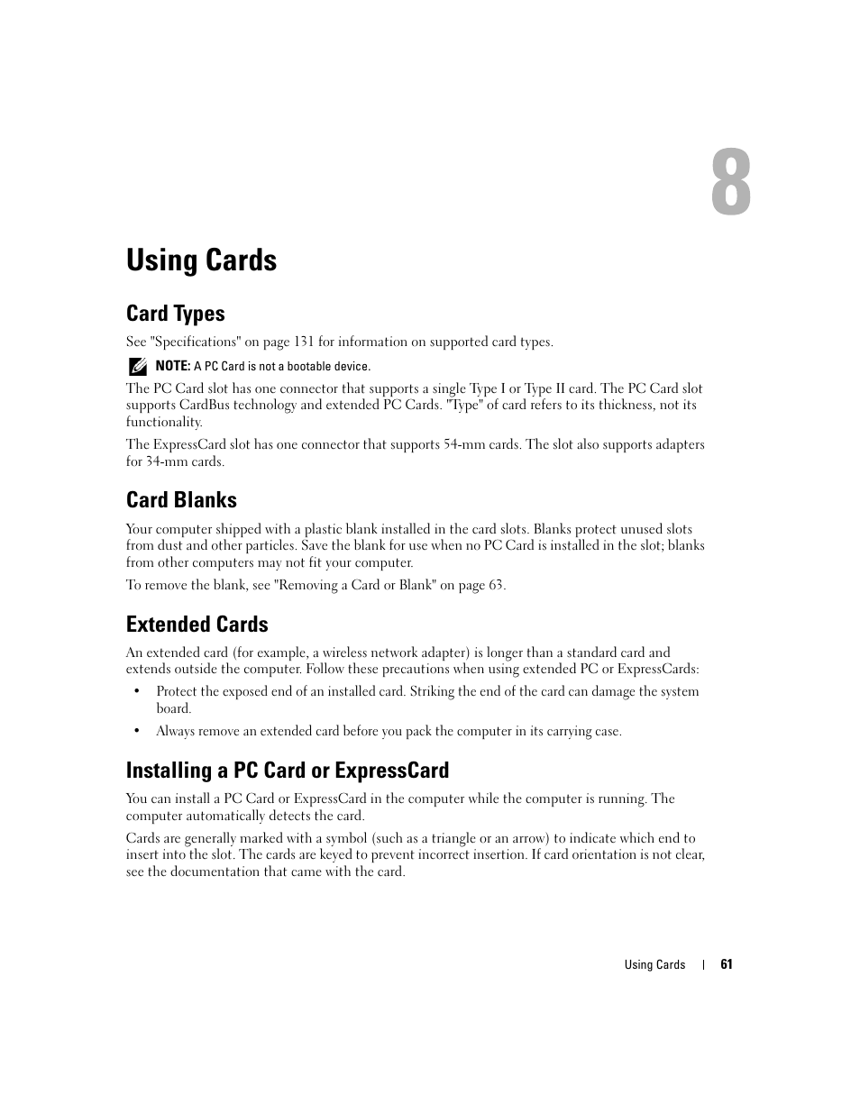 Using cards, Card types, Card blanks | Extended cards, Installing a pc card or expresscard | Dell Precision M4300 (Mid 2007) User Manual | Page 63 / 160