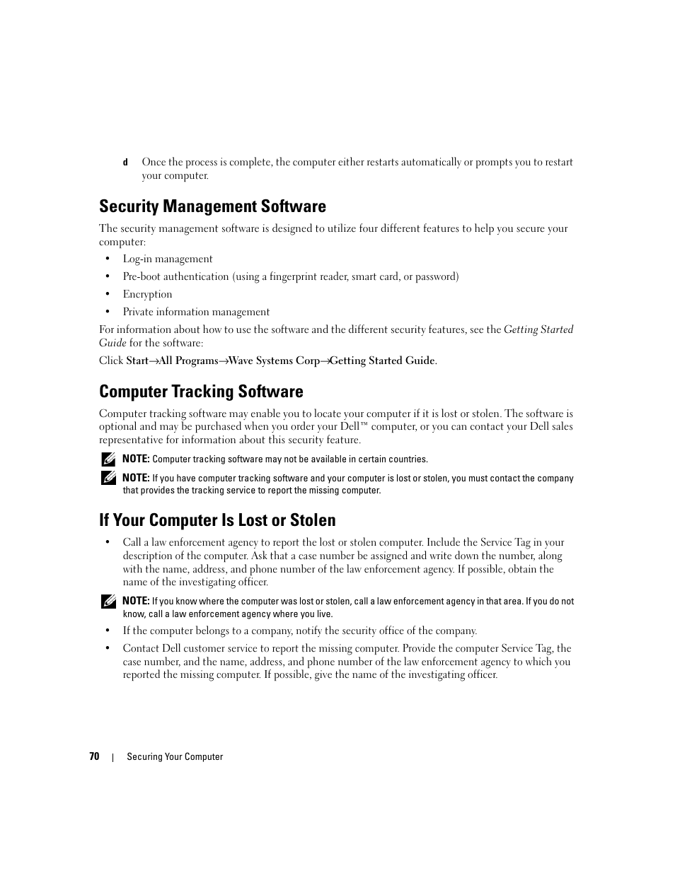 Security management software, Computer tracking software, If your computer is lost or stolen | Dell Precision M4300 (Mid 2007) User Manual | Page 72 / 160