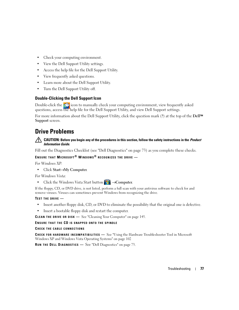 Drive problems, Double-clicking the dell support icon | Dell Precision M4300 (Mid 2007) User Manual | Page 79 / 160