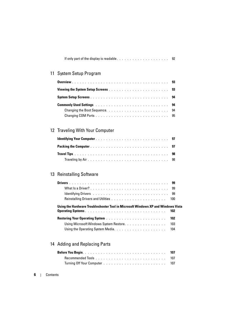 11 system setup program, 12 traveling with your computer, 13 reinstalling software | 14 adding and replacing parts | Dell Precision M4300 (Mid 2007) User Manual | Page 8 / 160