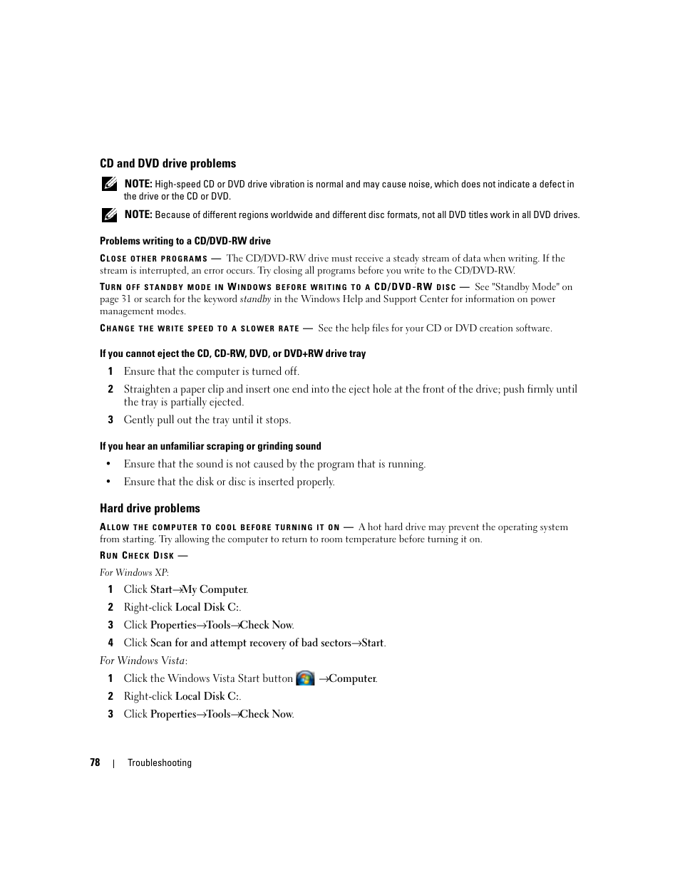 Cd and dvd drive problems, Hard drive problems | Dell Precision M4300 (Mid 2007) User Manual | Page 80 / 160