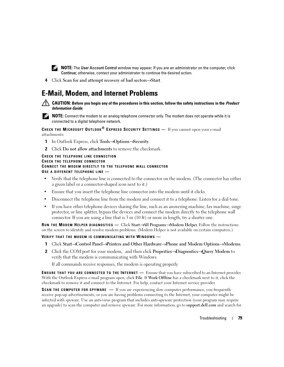 E-mail, modem, and internet problems | Dell Precision M4300 (Mid 2007) User Manual | Page 81 / 160