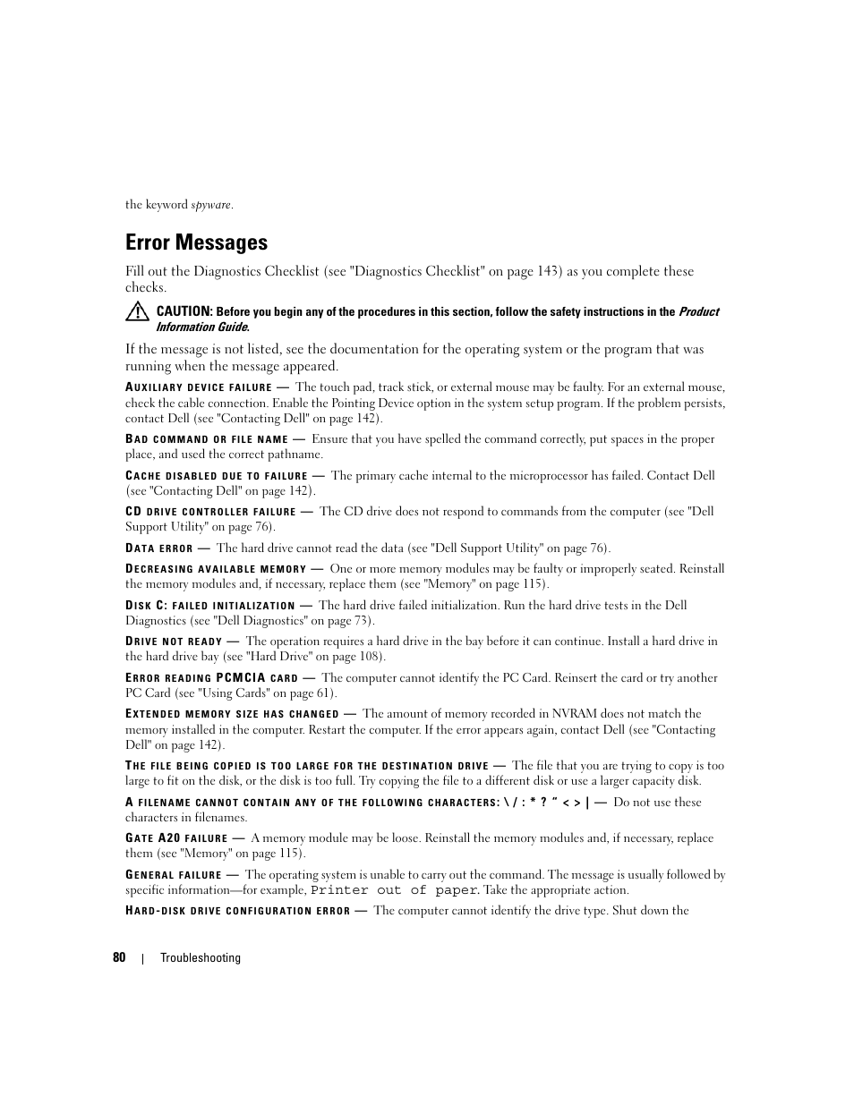 Error messages | Dell Precision M4300 (Mid 2007) User Manual | Page 82 / 160