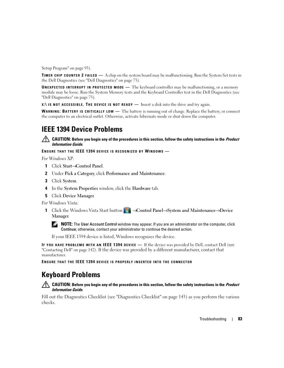 Ieee 1394 device problems, Keyboard problems | Dell Precision M4300 (Mid 2007) User Manual | Page 85 / 160