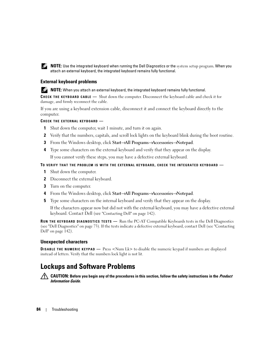 Lockups and software problems, External keyboard problems, Unexpected characters | Dell Precision M4300 (Mid 2007) User Manual | Page 86 / 160