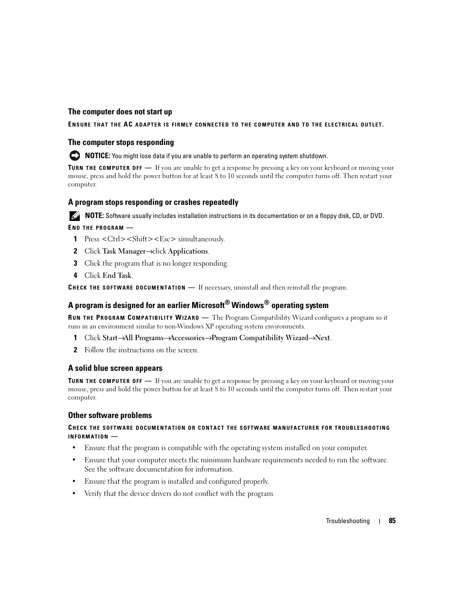 The computer does not start up, The computer stops responding, A program stops responding or crashes repeatedly | A program is designed for an earlier microsoft, Windows, Operating system, A solid blue screen appears, Other software problems | Dell Precision M4300 (Mid 2007) User Manual | Page 87 / 160