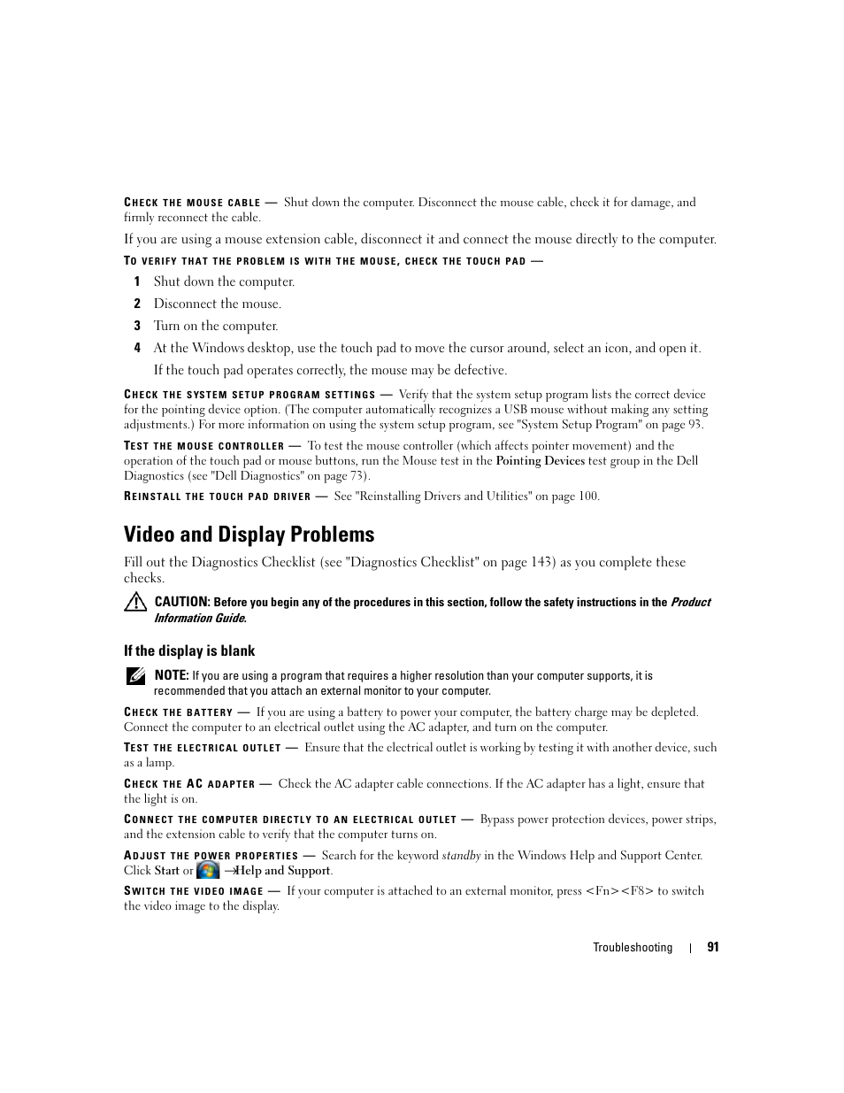 Video and display problems, If the display is blank | Dell Precision M4300 (Mid 2007) User Manual | Page 93 / 160