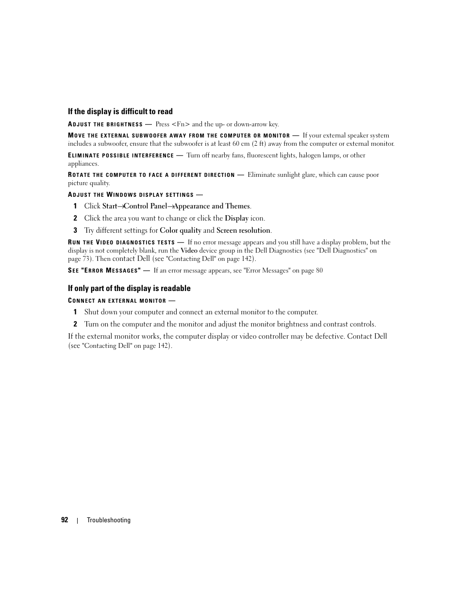 If the display is difficult to read, If only part of the display is readable | Dell Precision M4300 (Mid 2007) User Manual | Page 94 / 160