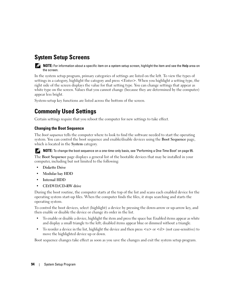 System setup screens, Commonly used settings | Dell Precision M4300 (Mid 2007) User Manual | Page 96 / 160