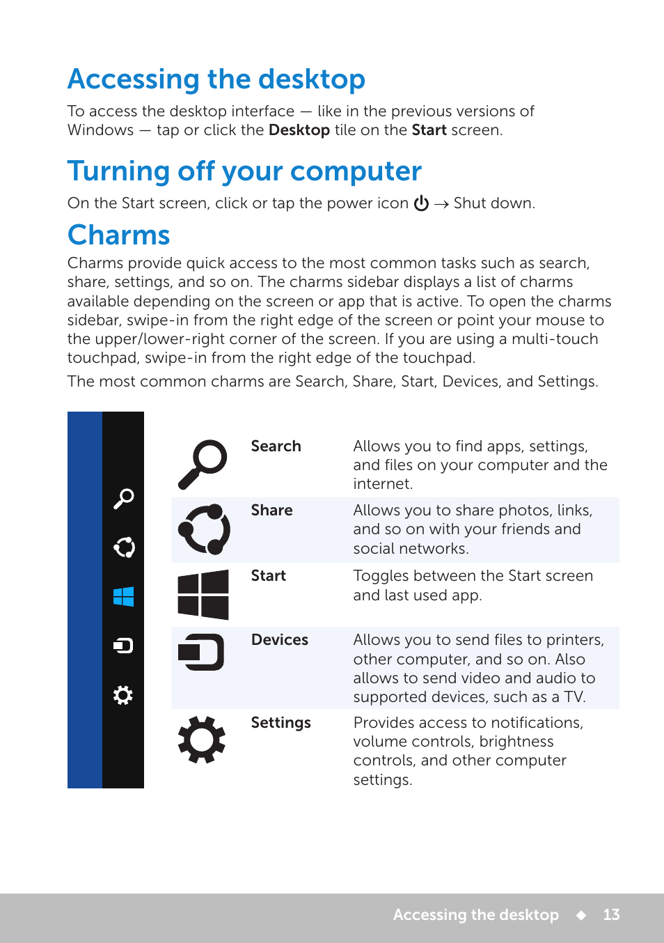 Accessing the desktop, Turning off your computer, Charms | Dell Inspiron 20 (3048, Early 2014) User Manual | Page 13 / 102