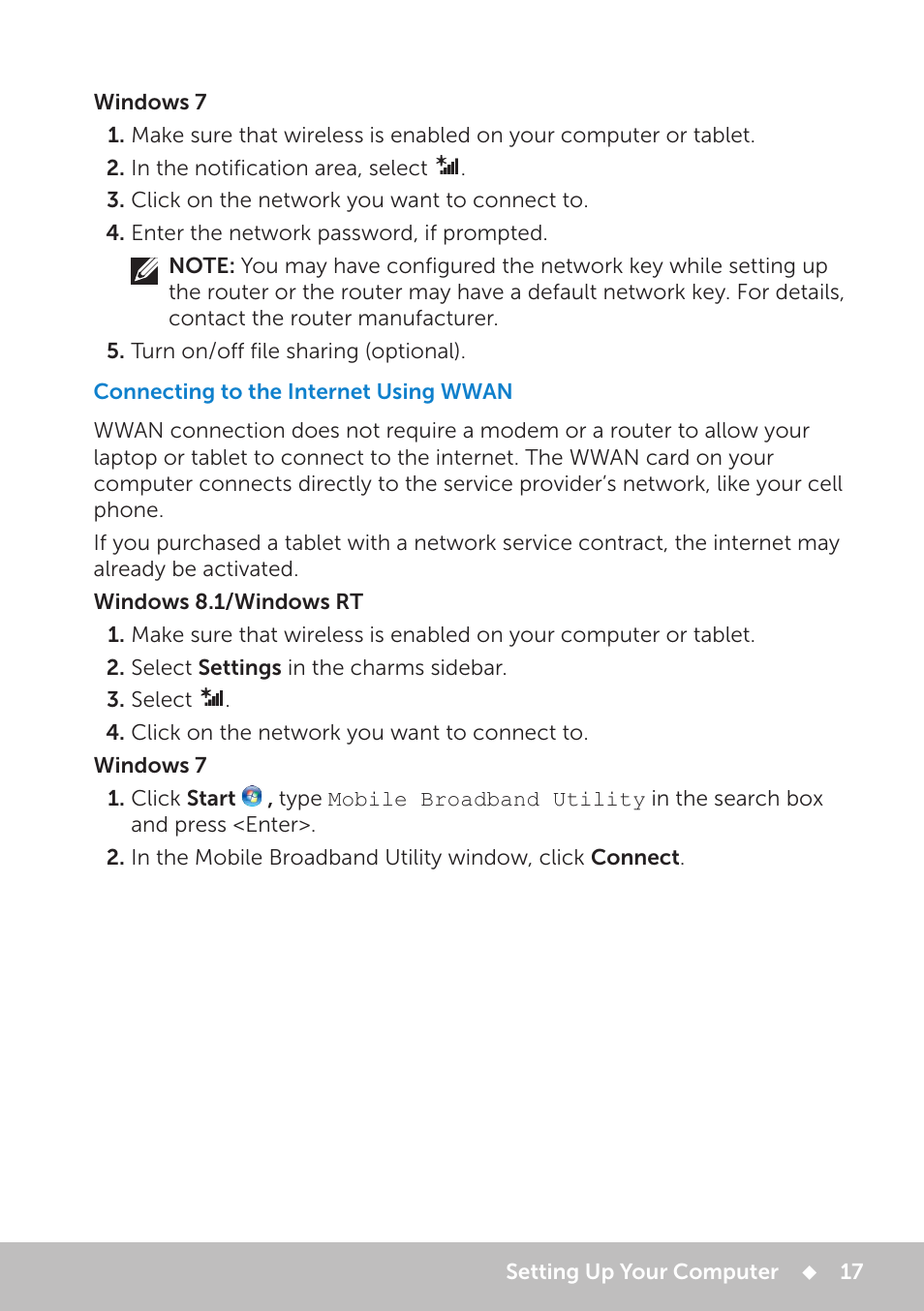 Connecting to the internet using wwan | Dell Inspiron 20 (3048, Early 2014) User Manual | Page 17 / 102