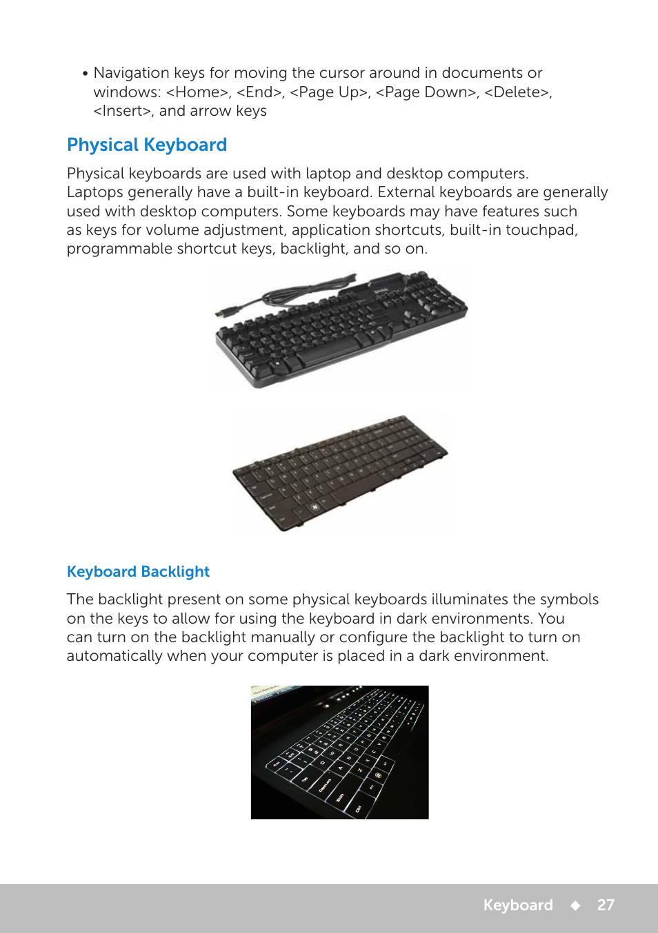 Physical keyboard, Keyboard backlight | Dell Inspiron 20 (3048, Early 2014) User Manual | Page 27 / 102