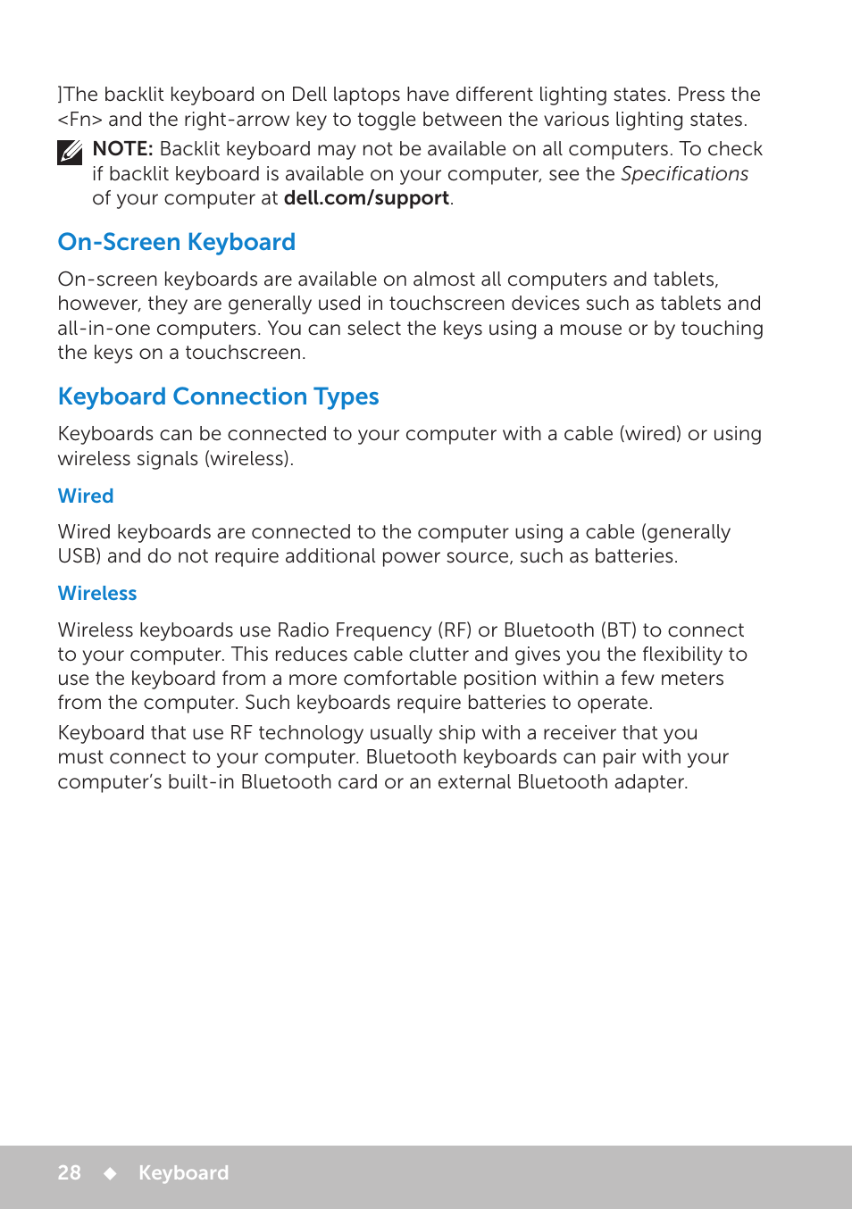 On-screen keyboard, Keyboard connection types, Wired | Wireless, Wired 28, Wireless 28, On‑screen keyboard | Dell Inspiron 20 (3048, Early 2014) User Manual | Page 28 / 102