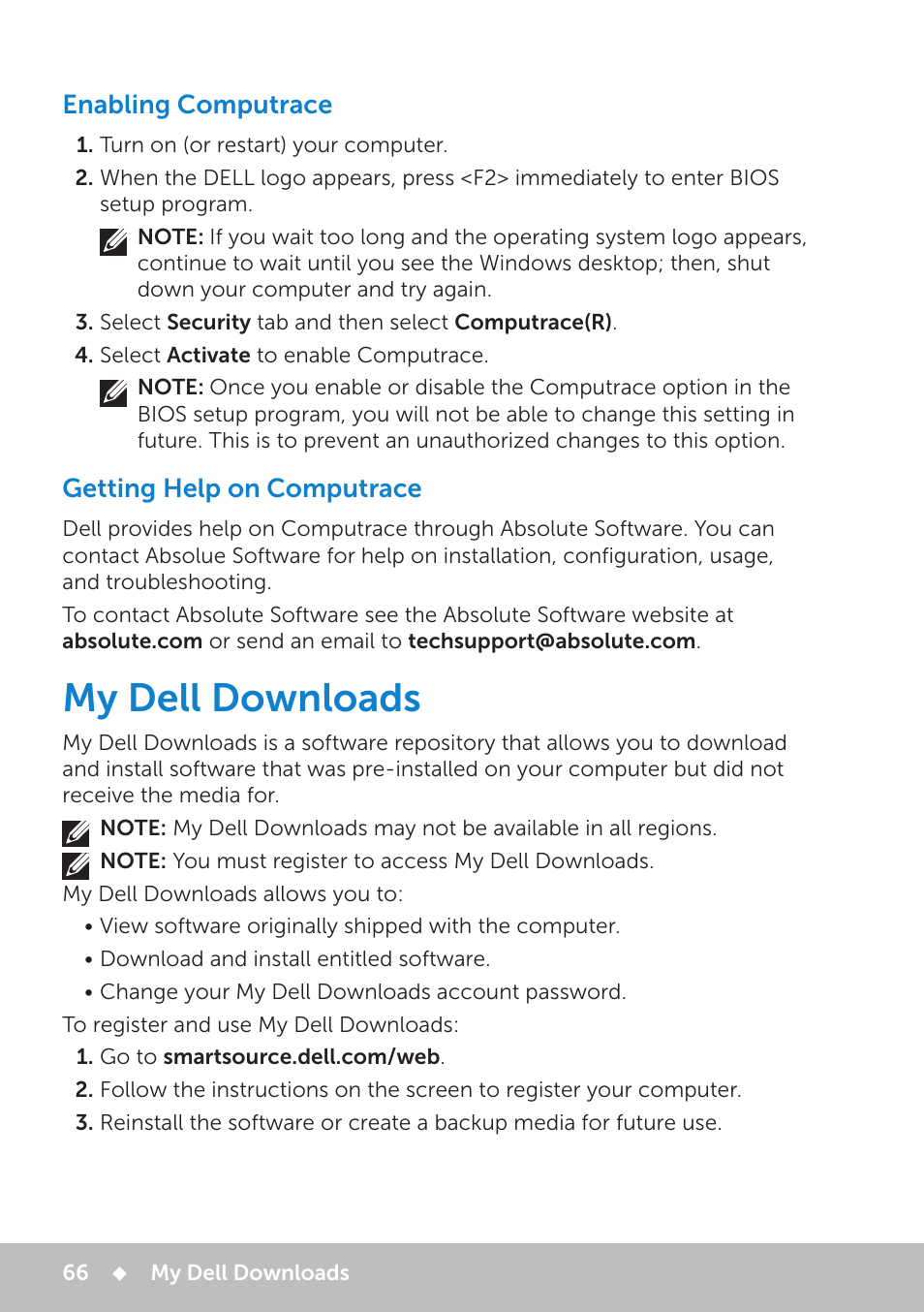 Enabling computrace, Getting help on computrace, My dell downloads | Dell Inspiron 20 (3048, Early 2014) User Manual | Page 66 / 102