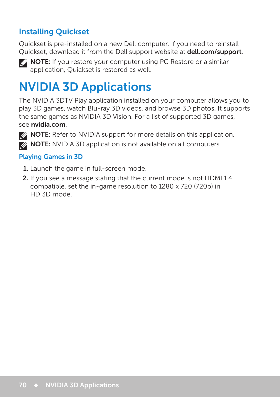 Installing quickset, Nvidia 3d applications, Playing games in 3d | Dell Inspiron 20 (3048, Early 2014) User Manual | Page 70 / 102