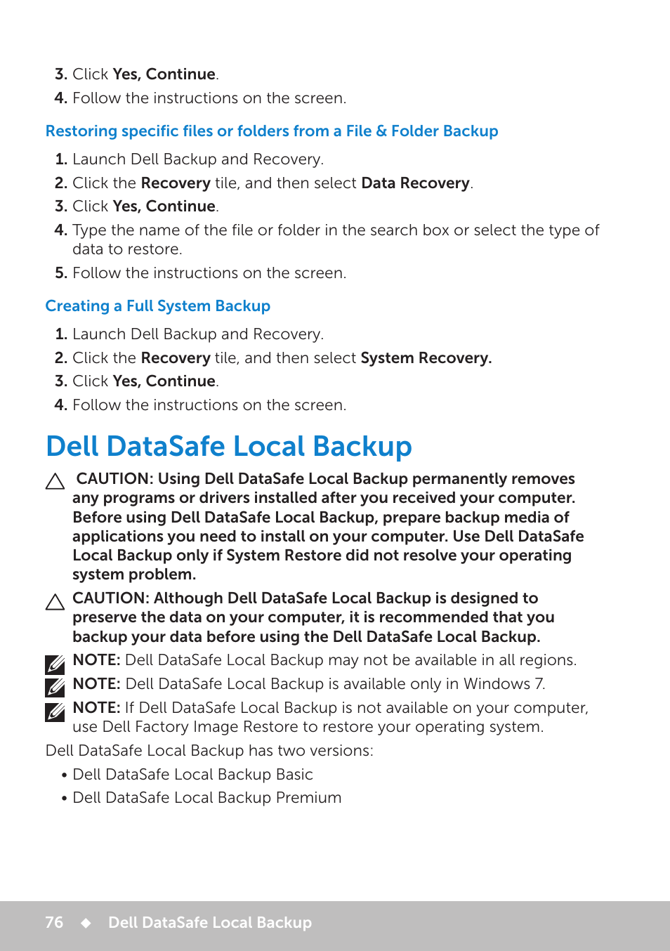 Creating a full system backup, Dell datasafe local backup | Dell Inspiron 20 (3048, Early 2014) User Manual | Page 76 / 102