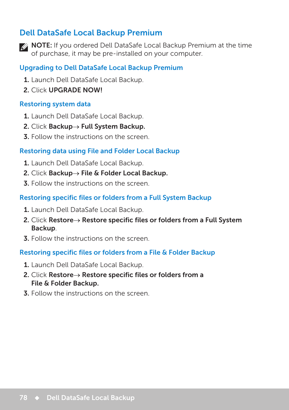Dell datasafe local backup premium, Upgrading to dell datasafe local backup premium, Restoring system data | Restoring data using file and folder local backup | Dell Inspiron 20 (3048, Early 2014) User Manual | Page 78 / 102