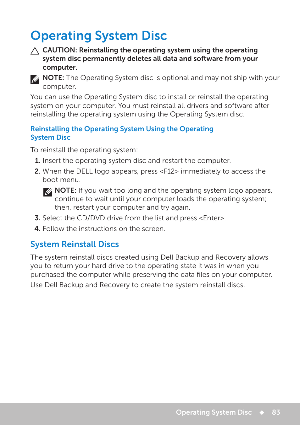 Operating system disc, System reinstall discs | Dell Inspiron 20 (3048, Early 2014) User Manual | Page 83 / 102