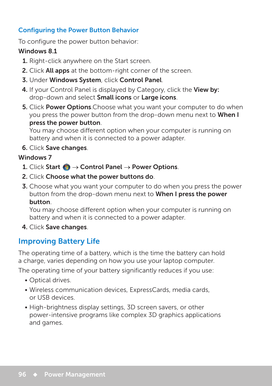 Configuring the power button behavior, Improving battery life | Dell Inspiron 20 (3048, Early 2014) User Manual | Page 96 / 102