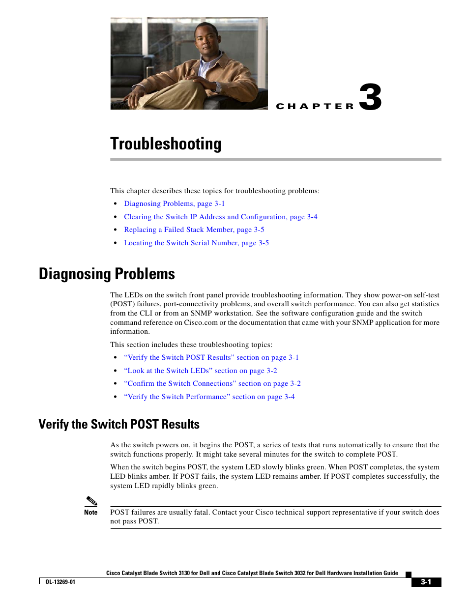 Troubleshooting, Diagnosing problems, Verify the switch post results | C h a p t e r, Chapter 3, “troubleshooting | Dell POWEREDGE M1000E User Manual | Page 50 / 72