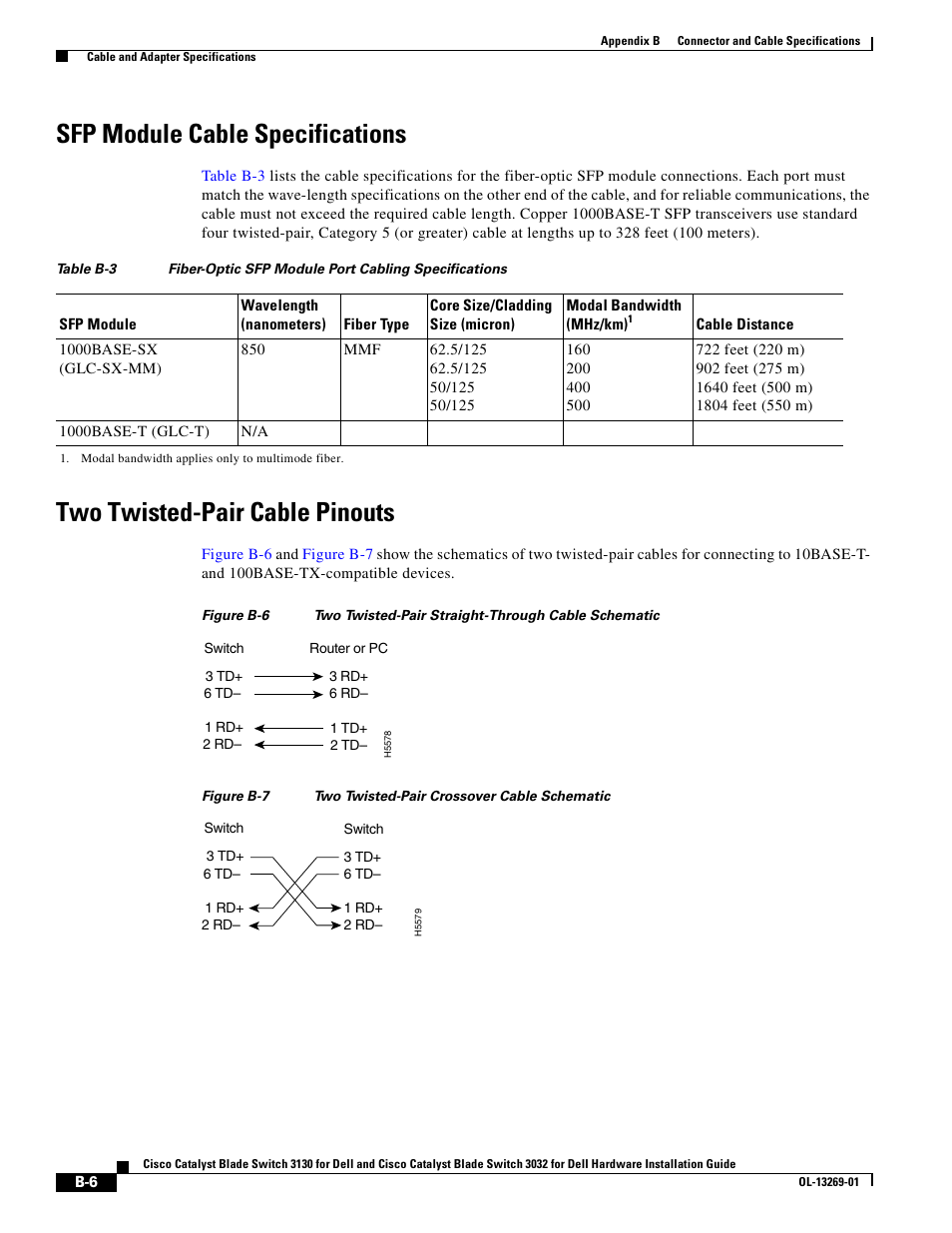 Sfp module cable specifications, Two twisted-pair cable pinouts, See the | Figure b-6, Figure b-7 | Dell POWEREDGE M1000E User Manual | Page 64 / 72