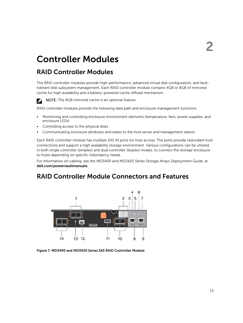 Controller modules, Raid controller modules, Raid controller module connectors and features | 2 controller modules | Dell PowerVault MD3420 User Manual | Page 13 / 47