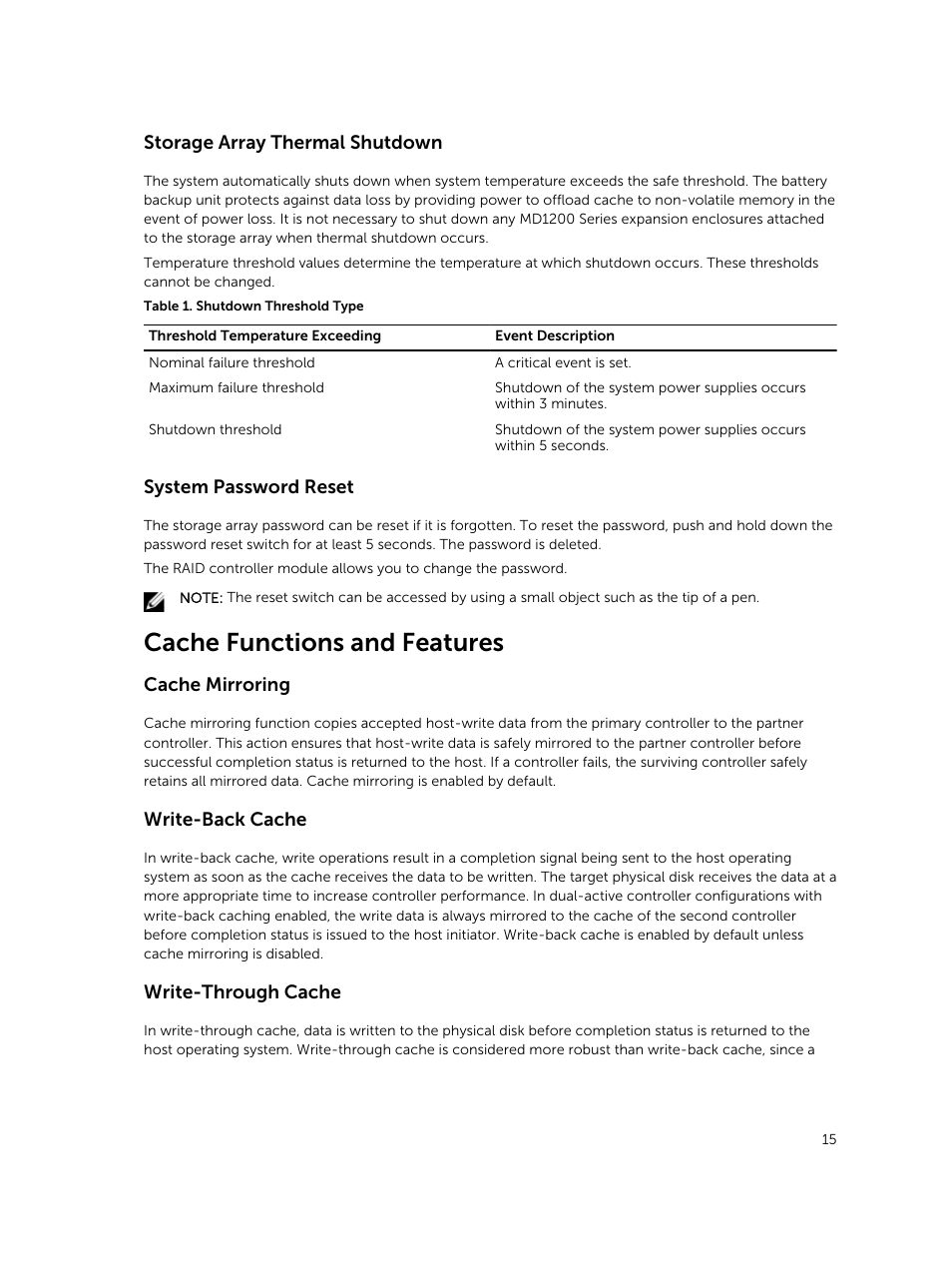 Storage array thermal shutdown, System password reset, Cache functions and features | Cache mirroring, Write-back cache, Write-through cache | Dell PowerVault MD3420 User Manual | Page 15 / 47