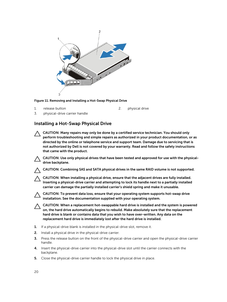 Installing a hot-swap physical drive | Dell PowerVault MD3420 User Manual | Page 20 / 47