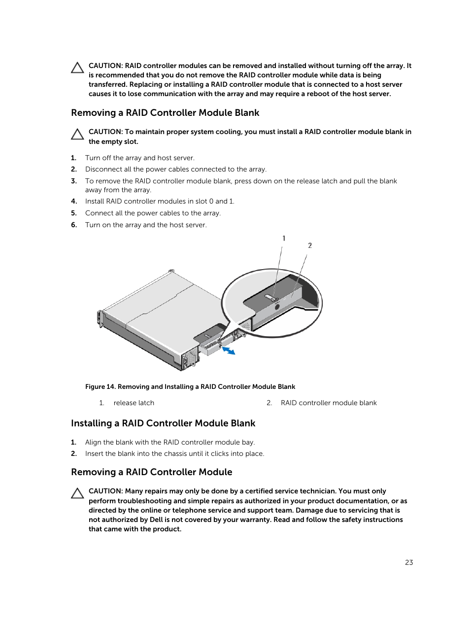 Removing a raid controller module blank, Installing a raid controller module blank, Removing a raid controller module | Dell PowerVault MD3420 User Manual | Page 23 / 47