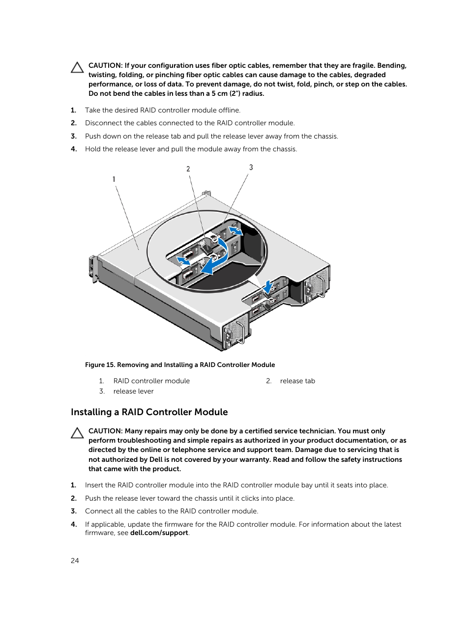 Installing a raid controller module | Dell PowerVault MD3420 User Manual | Page 24 / 47