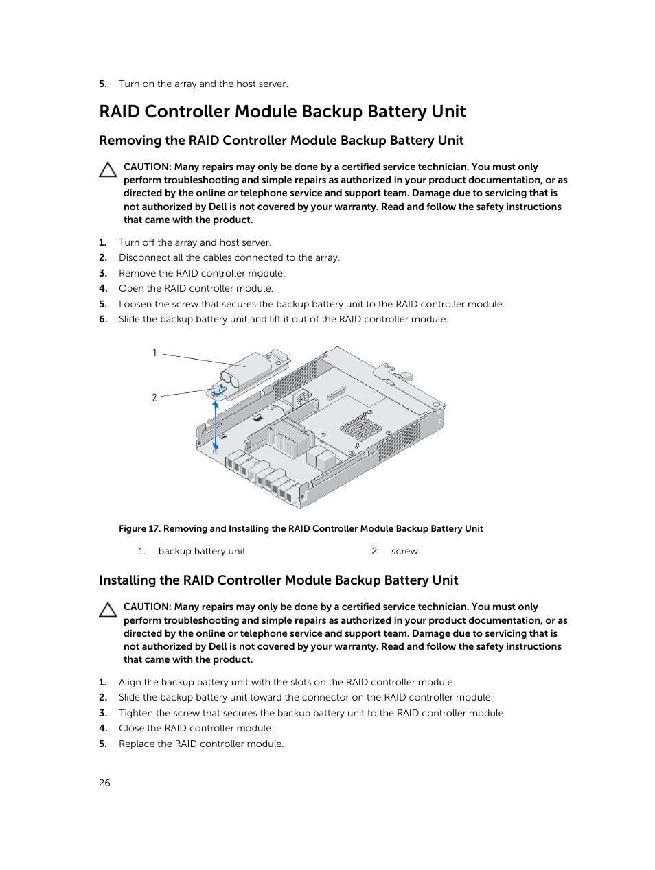 Raid controller module backup battery unit | Dell PowerVault MD3420 User Manual | Page 26 / 47
