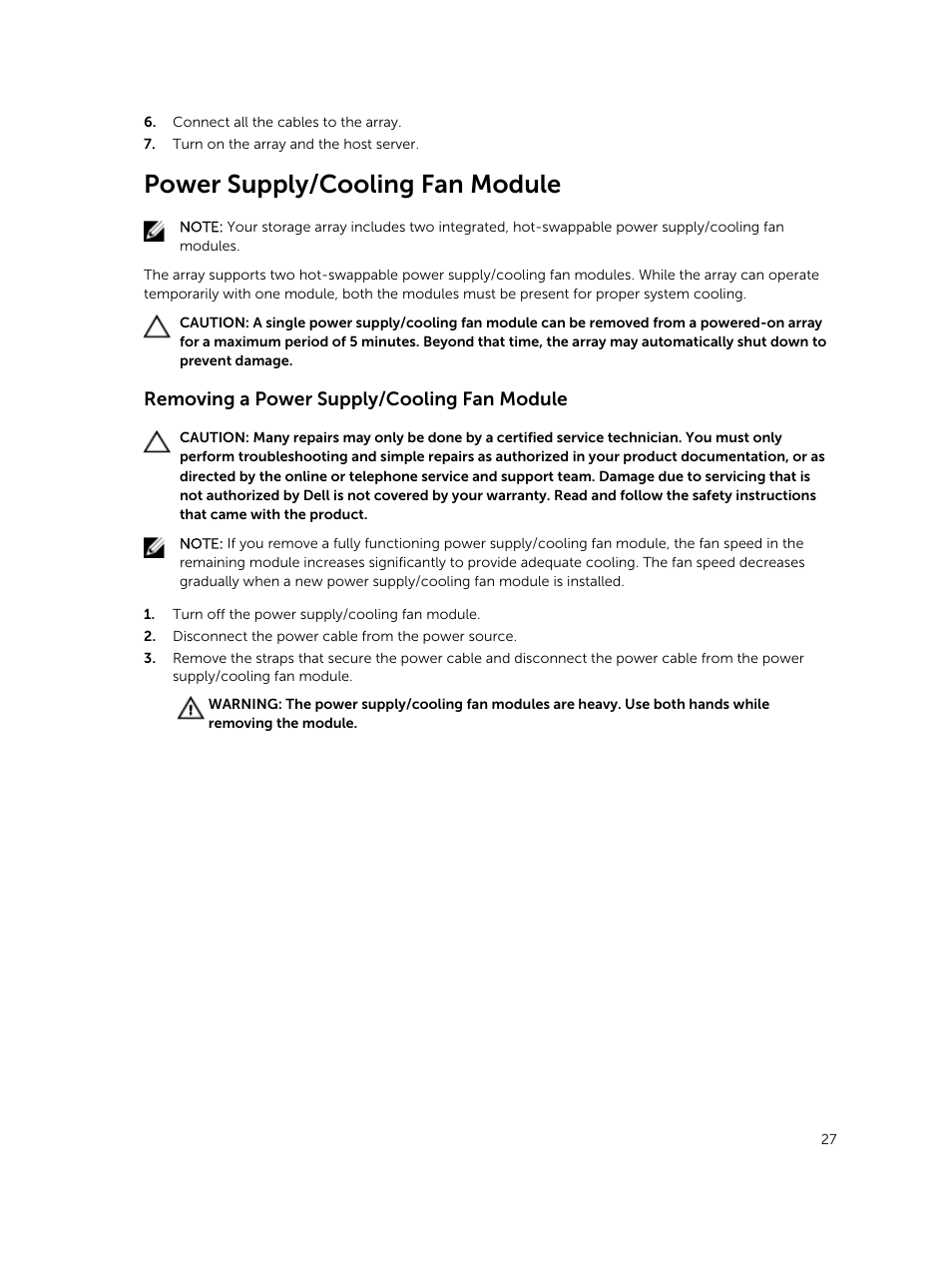 Power supply/cooling fan module, Removing a power supply/cooling fan module | Dell PowerVault MD3420 User Manual | Page 27 / 47