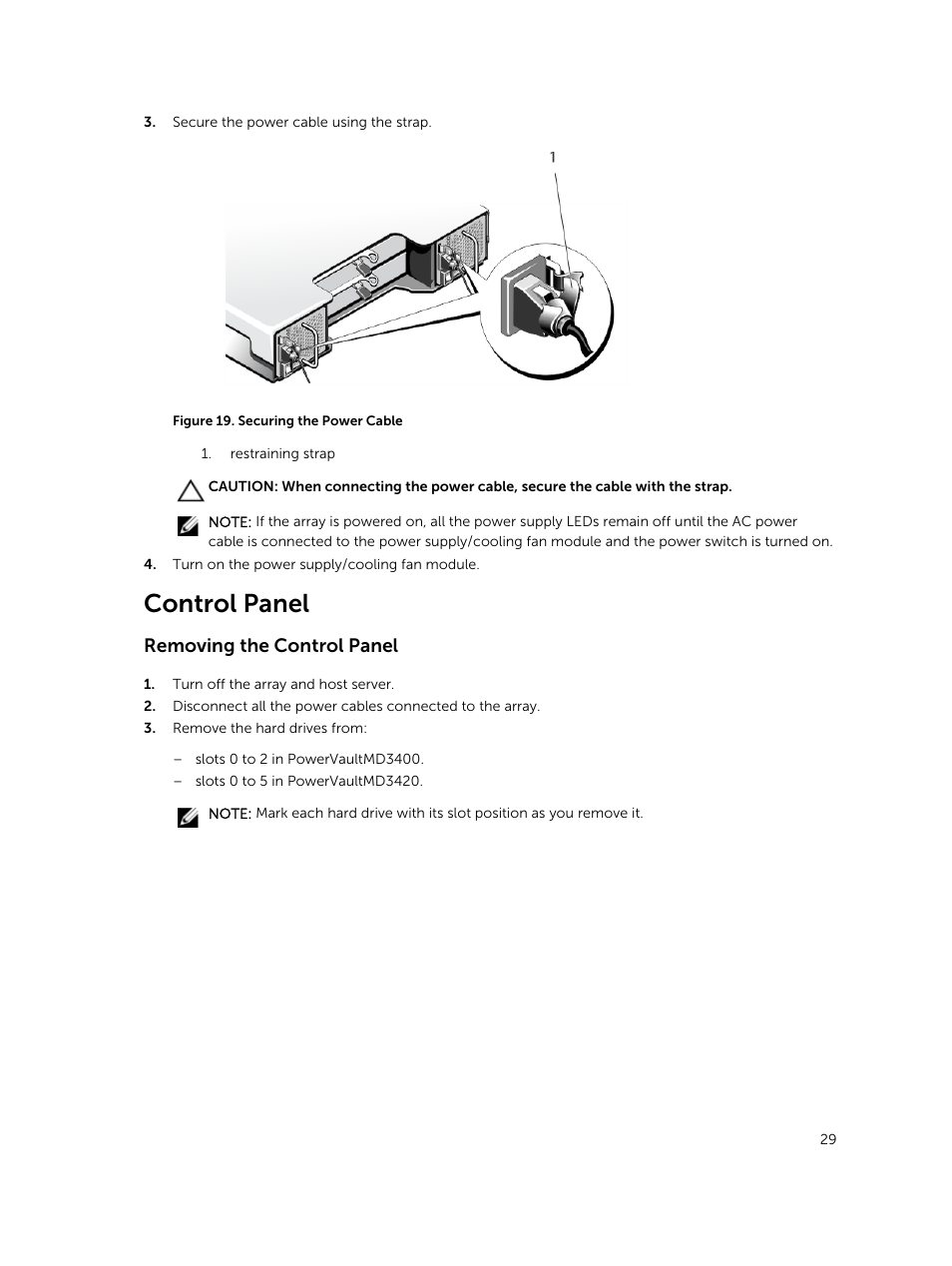 Control panel, Removing the control panel | Dell PowerVault MD3420 User Manual | Page 29 / 47