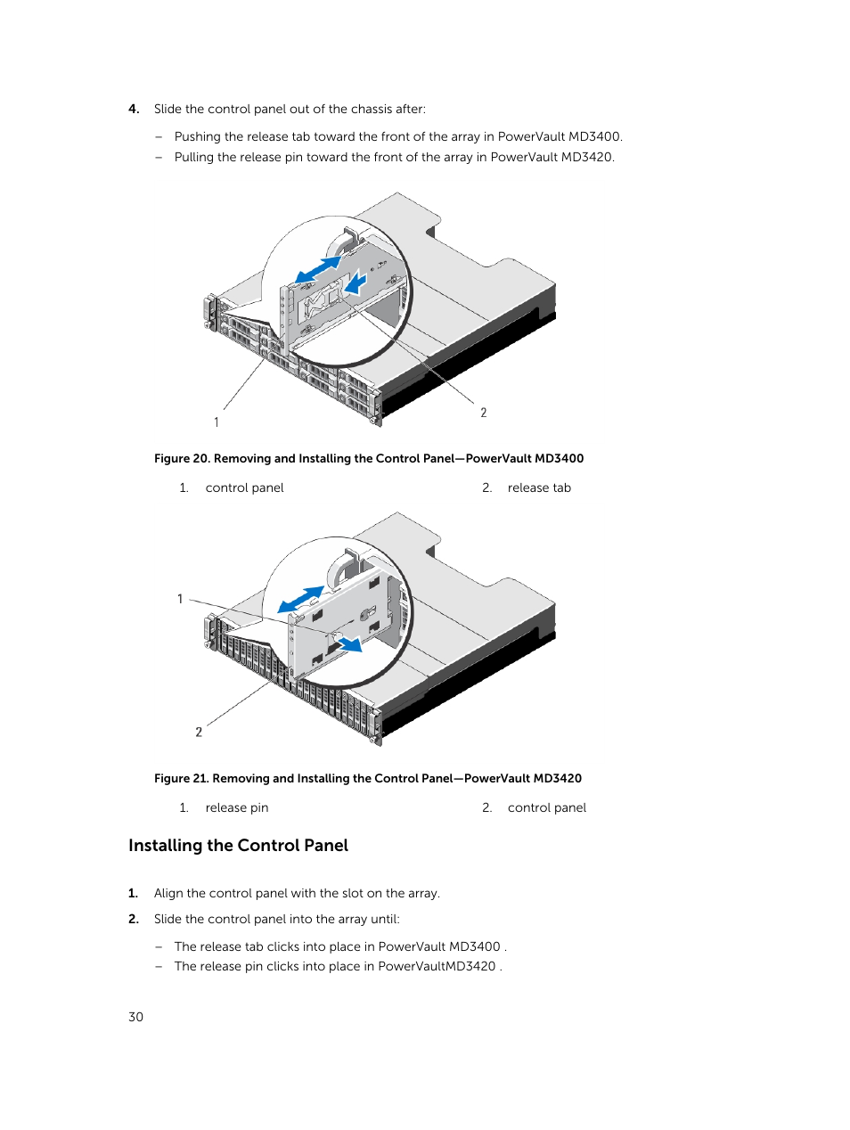 Installing the control panel | Dell PowerVault MD3420 User Manual | Page 30 / 47
