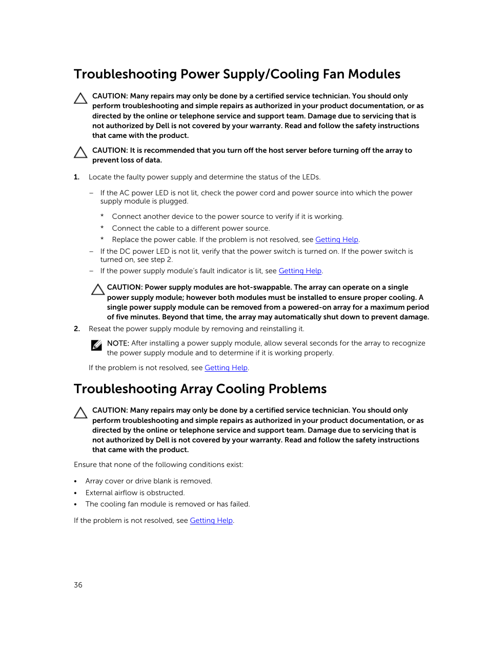 Troubleshooting power supply/cooling fan modules, Troubleshooting array cooling problems | Dell PowerVault MD3420 User Manual | Page 36 / 47