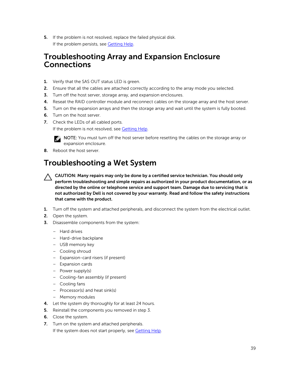 Troubleshooting a wet system, Troubleshooting array and expansion, Enclosure connections | Dell PowerVault MD3420 User Manual | Page 39 / 47