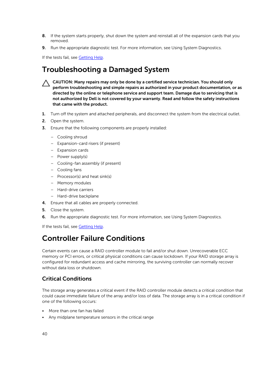 Troubleshooting a damaged system, Controller failure conditions, Critical conditions | Dell PowerVault MD3420 User Manual | Page 40 / 47