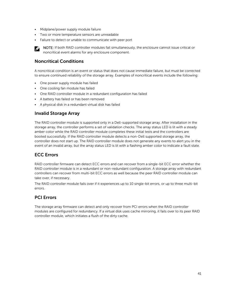 Noncritical conditions, Invalid storage array, Ecc errors | Pci errors | Dell PowerVault MD3420 User Manual | Page 41 / 47