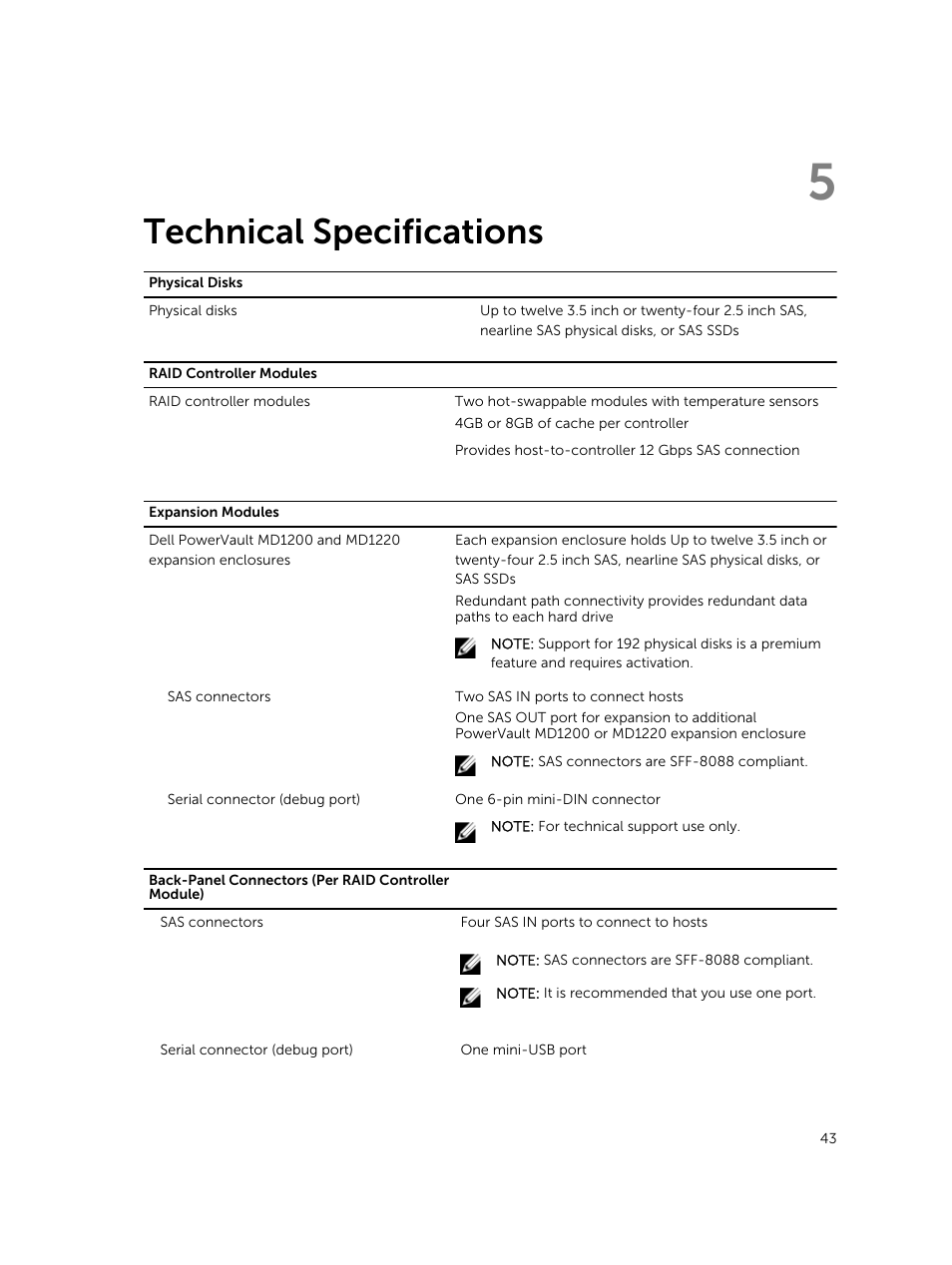 Technical specifications, 5 technical specifications | Dell PowerVault MD3420 User Manual | Page 43 / 47