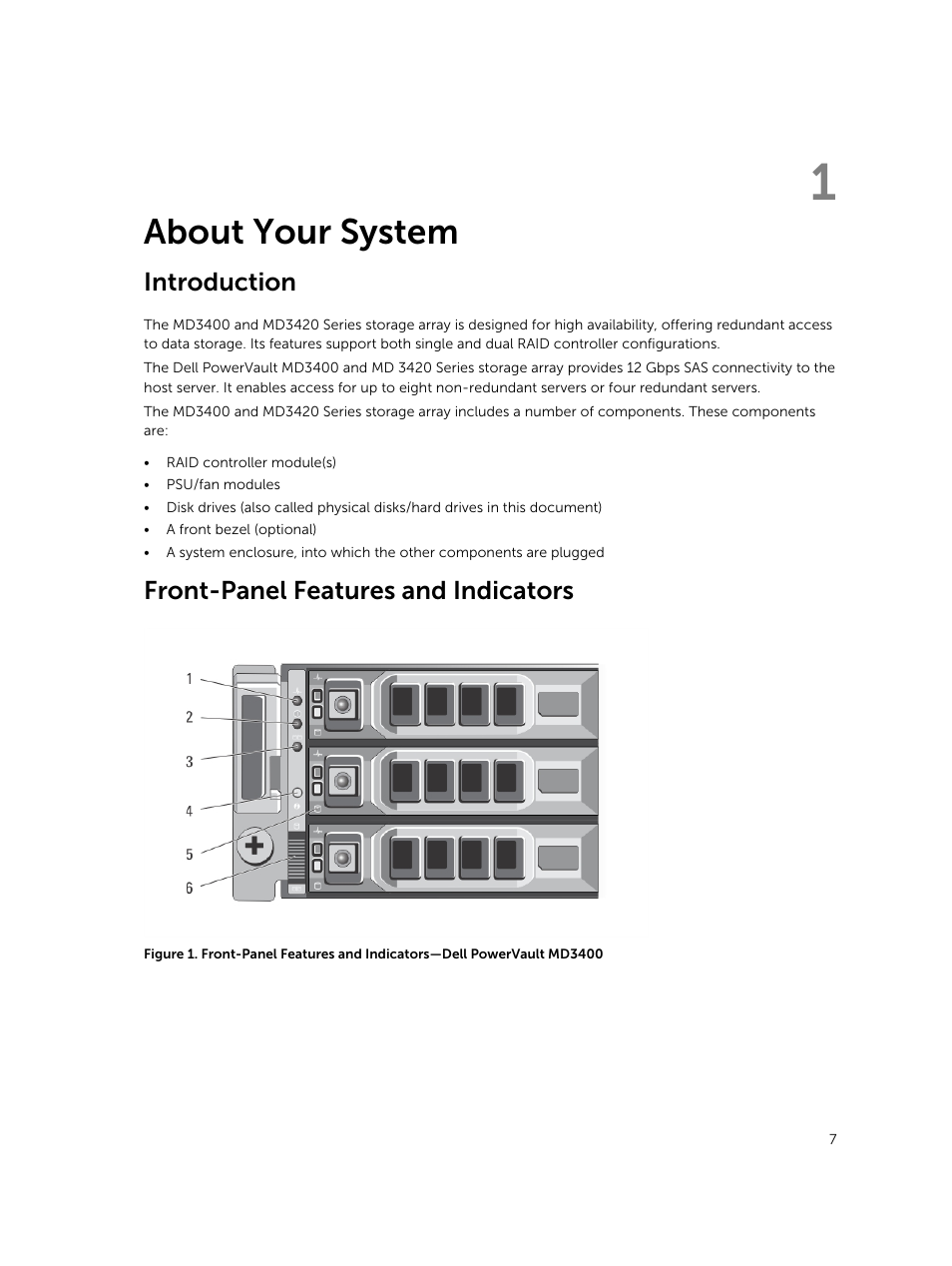 About your system, Introduction, Front-panel features and indicators | 1 about your system | Dell PowerVault MD3420 User Manual | Page 7 / 47