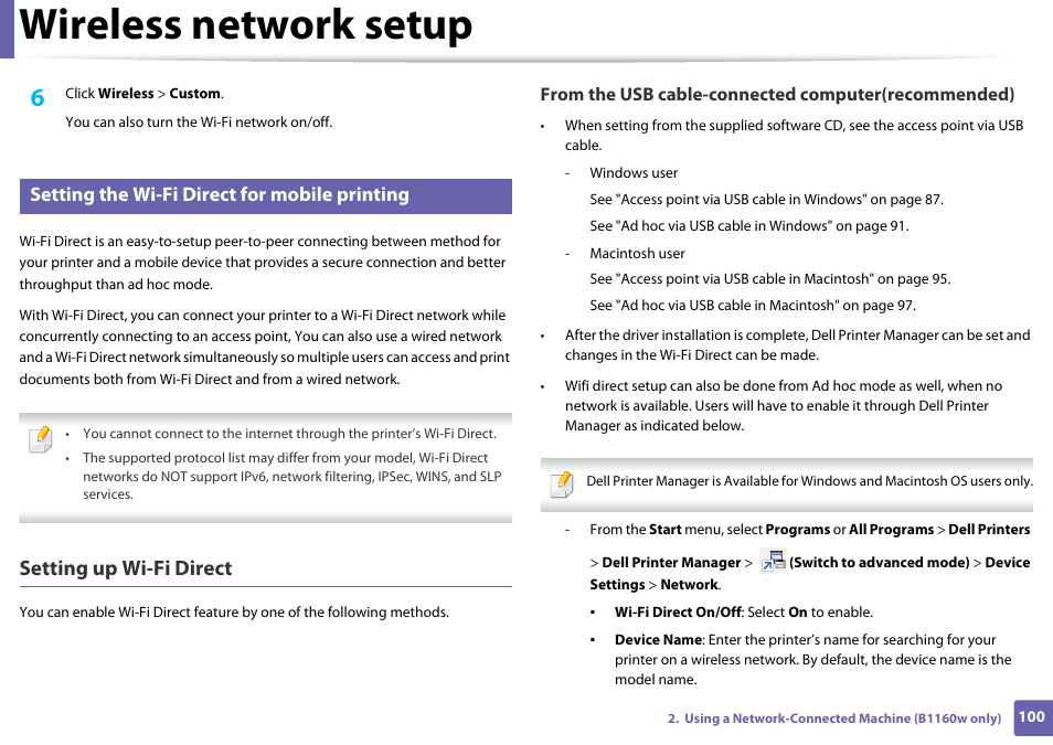 Dell printer manager (see, Setting, Wireless network setup | Setting up wi-fi direct, Setting the wi-fi direct for mobile printing | Dell B1160 Mono Laser Printer User Manual | Page 100 / 165
