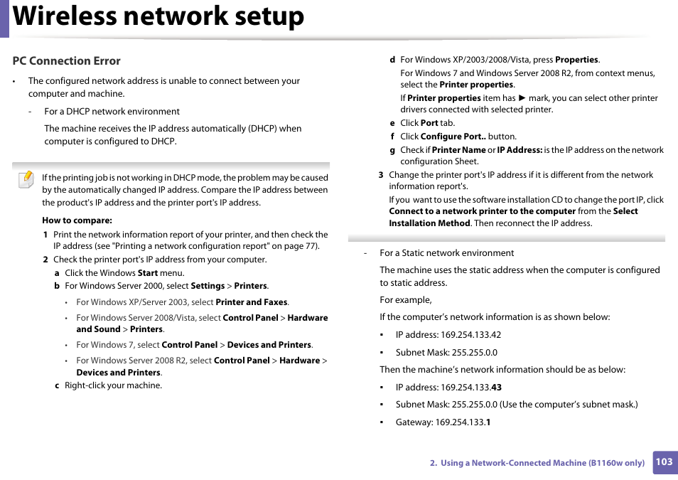 Wireless network setup, Pc connection error | Dell B1160 Mono Laser Printer User Manual | Page 103 / 165