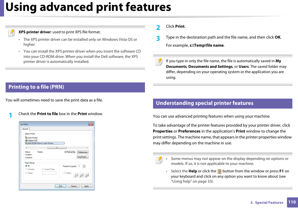 Using advanced print features, Printing to a file (prn), Understanding special printer features | Dell B1160 Mono Laser Printer User Manual | Page 110 / 165