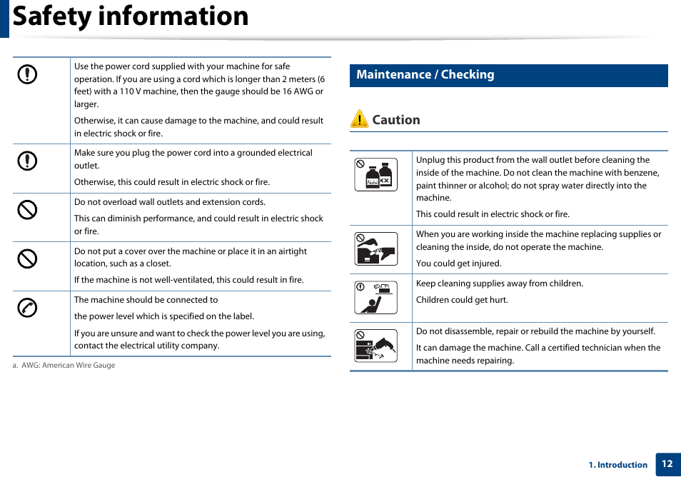 Safety information, Caution, Maintenance / checking | Dell B1160 Mono Laser Printer User Manual | Page 12 / 165