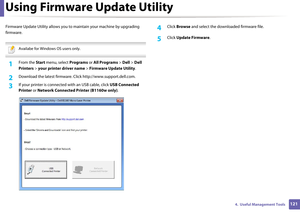 Using firmware update utility | Dell B1160 Mono Laser Printer User Manual | Page 121 / 165