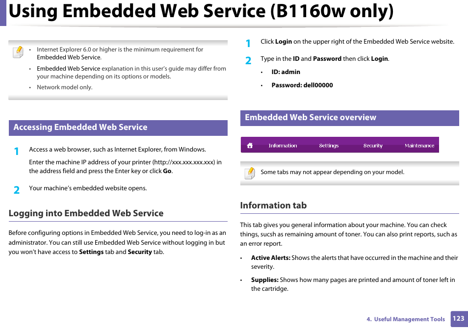 Using embedded web service (b1160w only), Logging into embedded web service, Information tab | Accessing embedded web service, Embedded web service overview | Dell B1160 Mono Laser Printer User Manual | Page 123 / 165