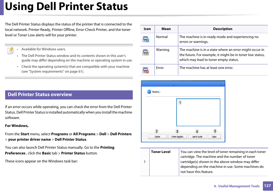 Using dell printer status, Dell printer status overview | Dell B1160 Mono Laser Printer User Manual | Page 127 / 165
