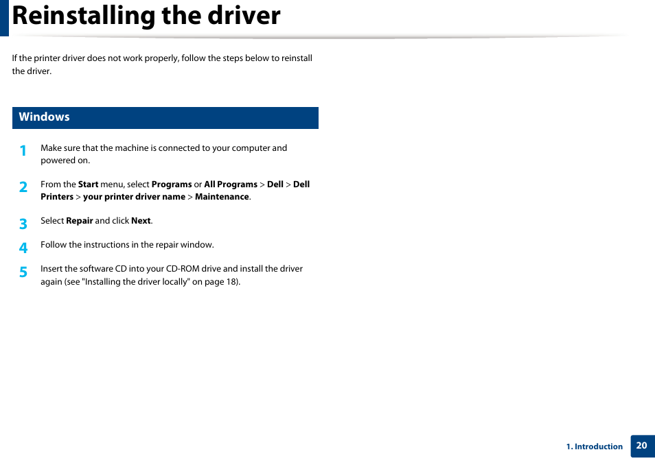 Reinstalling the driver | Dell B1160 Mono Laser Printer User Manual | Page 20 / 165