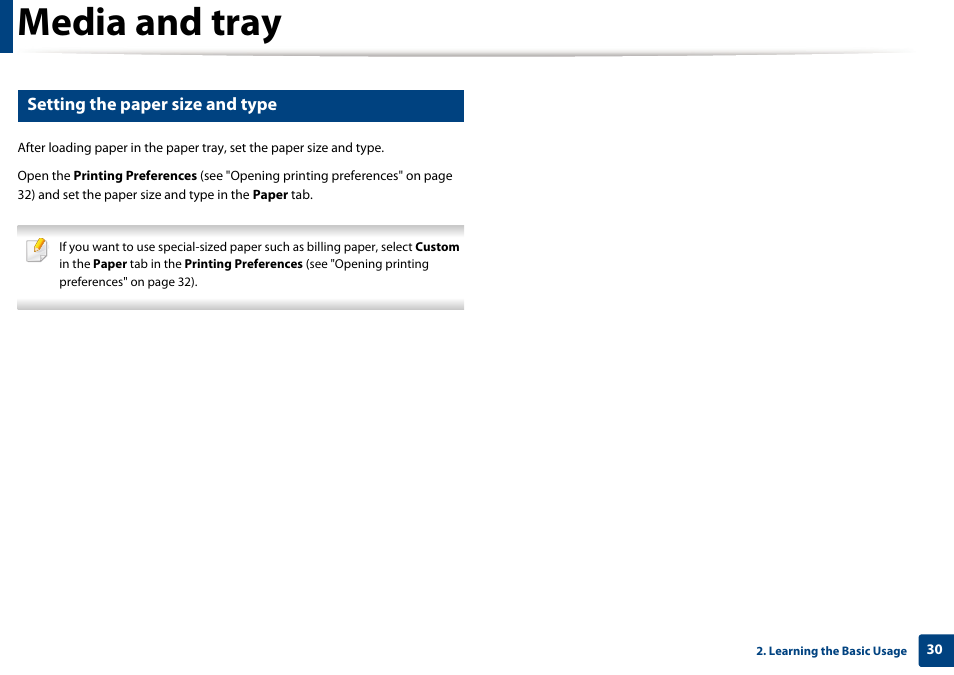 Media and tray, Setting the paper size and type | Dell B1160 Mono Laser Printer User Manual | Page 30 / 165